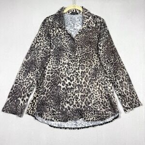 David Cline Top Womens XL Snap Front Blouse Art Leopard Cheetah Animal Print USA